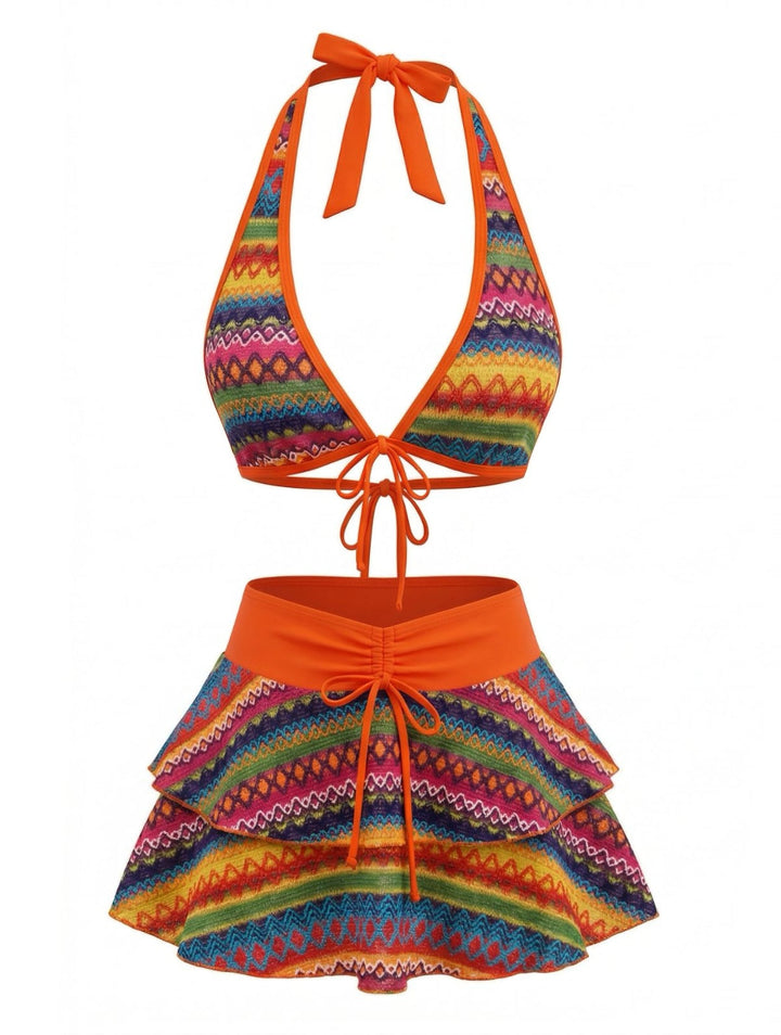 Orange 1980s Boho Irregular Bikini Set &amp; Cover-Up - vintage fashion, retro style