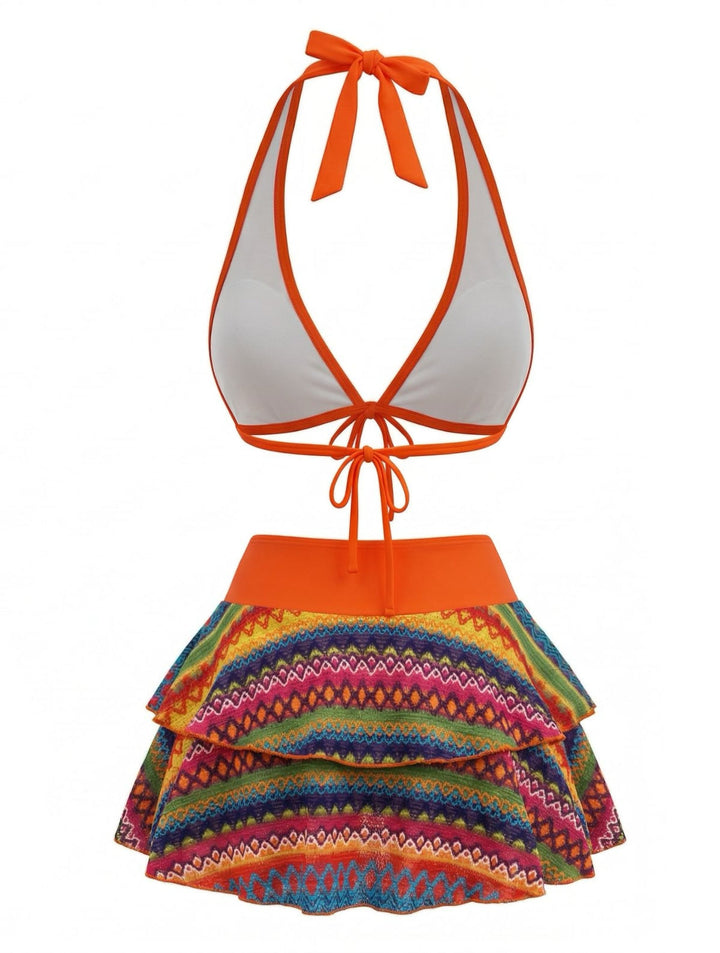 Orange 1980s Boho Irregular Bikini Set &amp; Cover-Up - vintage fashion, retro style