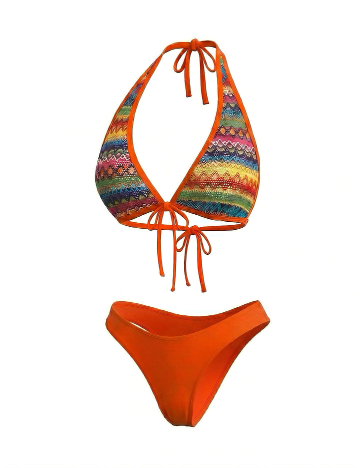 Orange 1980s Boho Irregular Bikini Set &amp; Cover-Up - vintage fashion, retro style