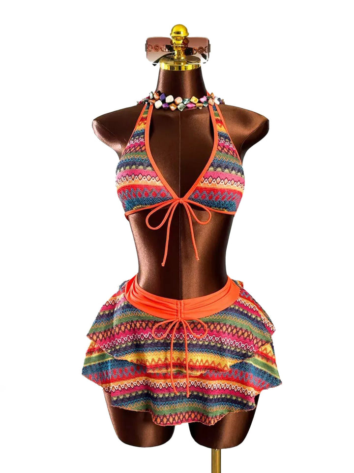 Orange 1980s Boho Irregular Bikini Set &amp; Cover-Up - vintage fashion, retro style