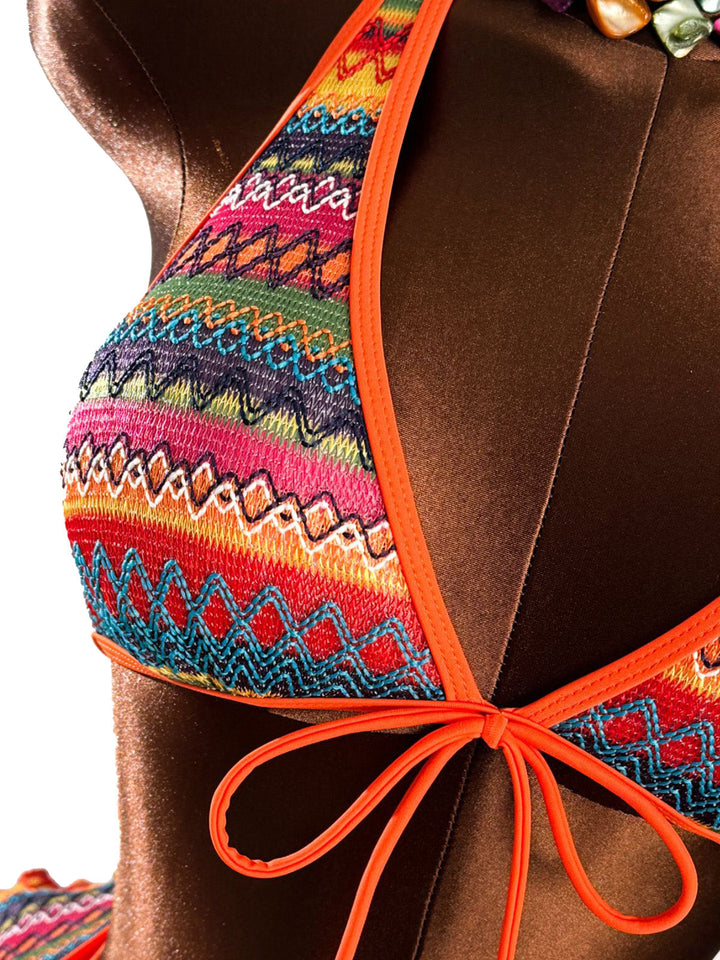 Orange 1980s Boho Irregular Bikini Set &amp; Cover-Up - vintage fashion, retro style