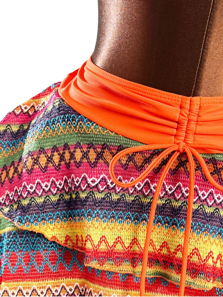Orange 1980s Boho Irregular Bikini Set &amp; Cover-Up - vintage fashion, retro style