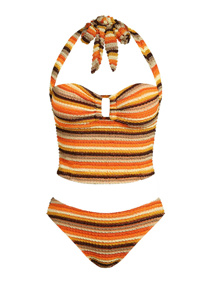 Orange 1980s Knit Striped Halter Swimsuit - vintage swimsuit, pin-up style