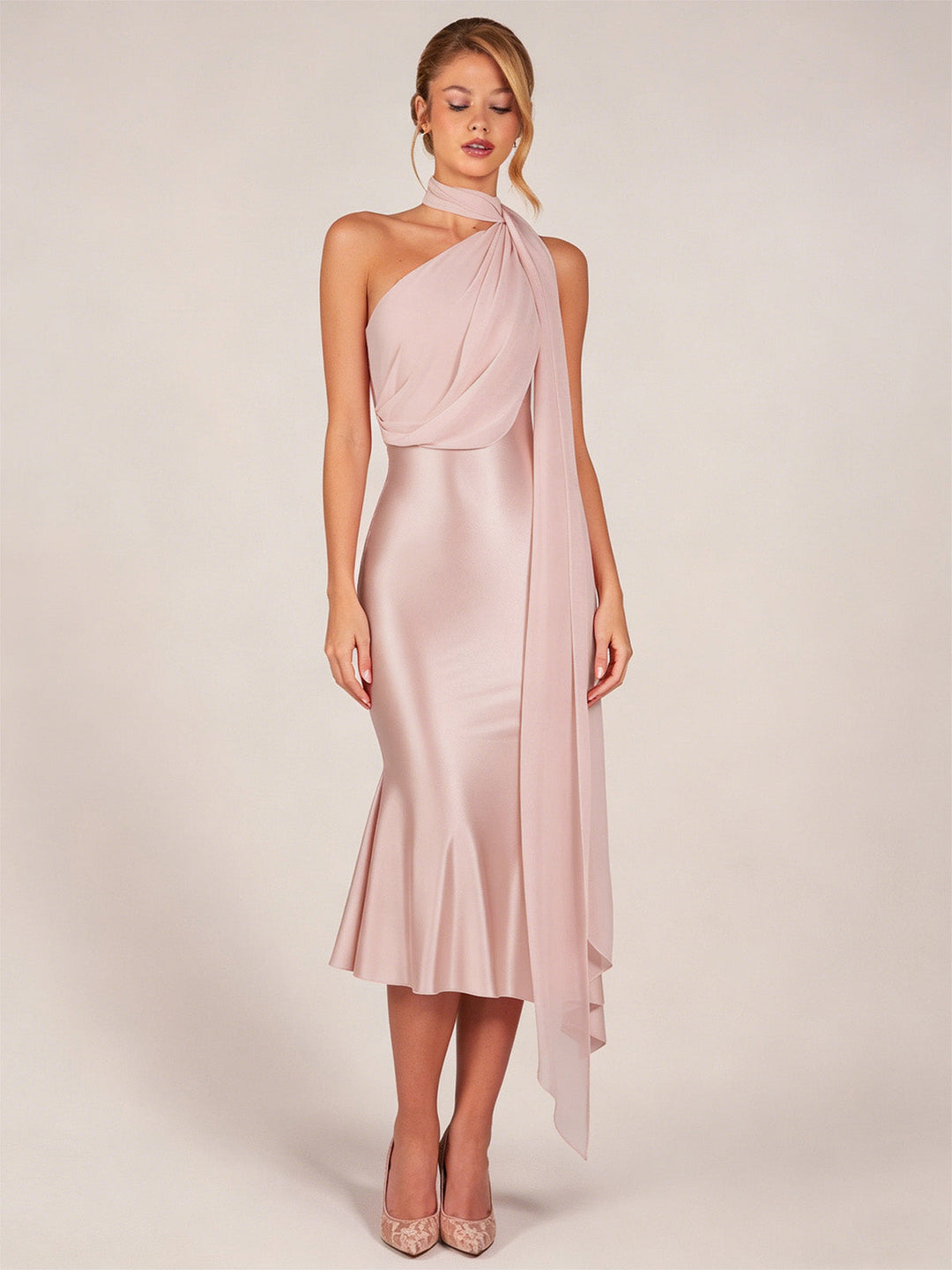 Orange Pink 1930s Halter Satin Belted Mermaid Dress, vintage dress, retro fashion - perfect for women who love vintage and retro fashion