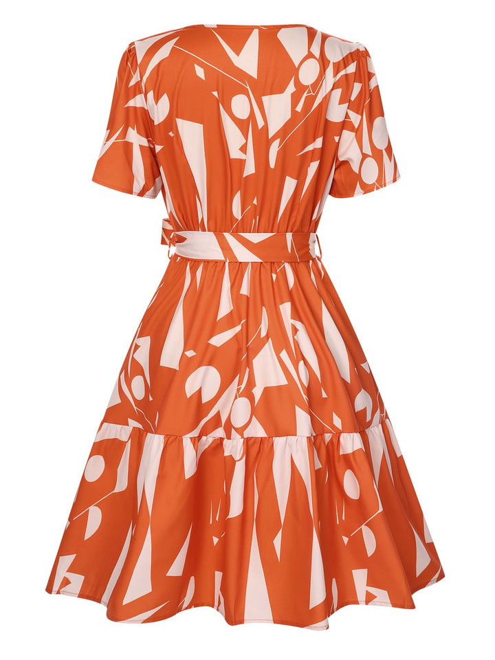 Orange Red 1940s Geometric Surplice V-Neck Dress, vintage dress, retro fashion - perfect for women who love vintage and retro fashion