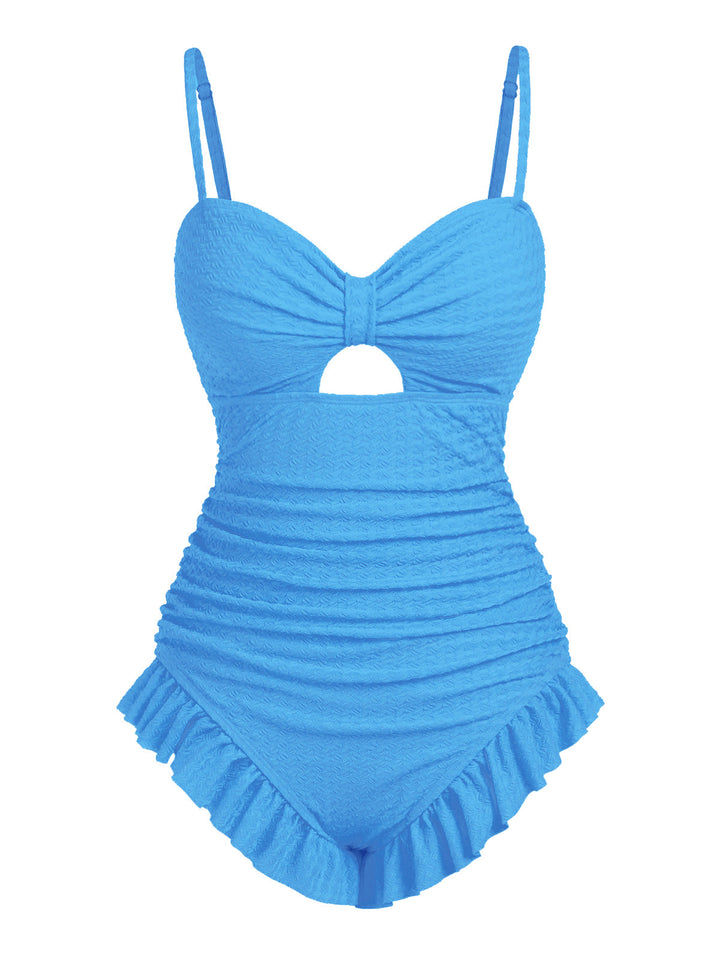 This Pale 1950s Solid Ruched Swimsuit carries 1950s vacation dreams in every stitch