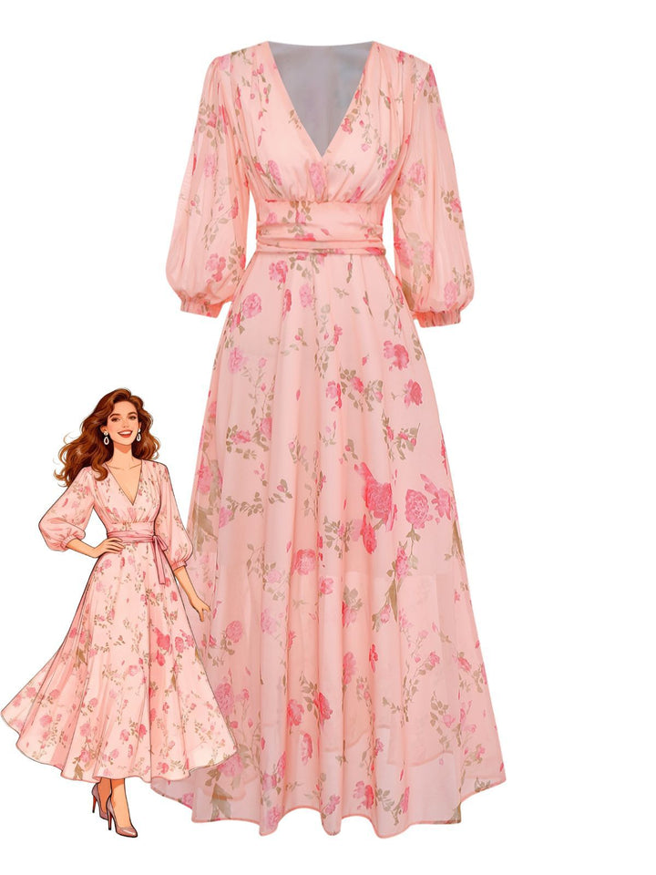 Pale Pink 1930s Floral V-Neck Chiffon Dress - vintage dress, retro fashion