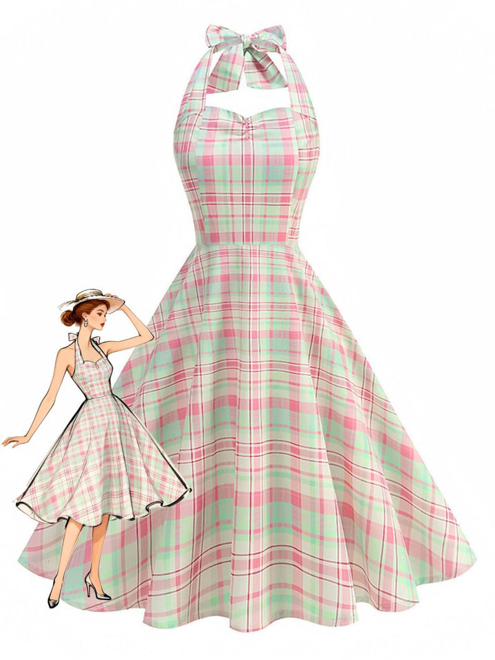 Pale Pink 1950s Plaid Halter Backless Dress - vintage dress, retro fashion, rockabilly