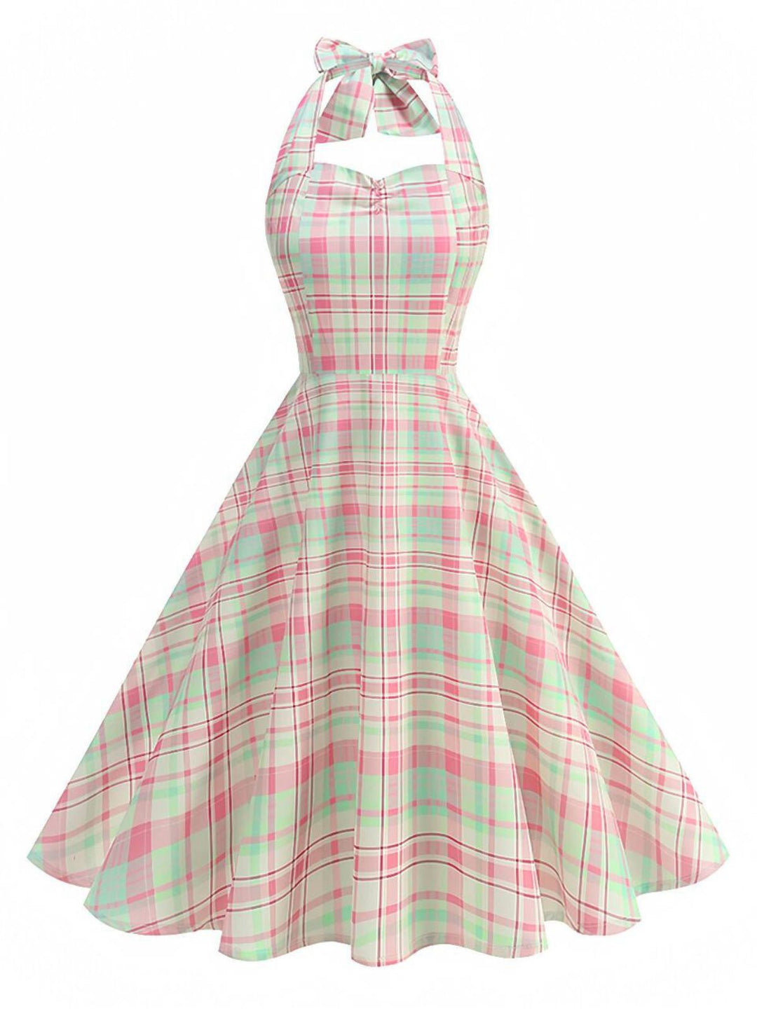 Pale Pink 1950s Plaid Halter Backless Dress - vintage dress, retro fashion, rockabilly