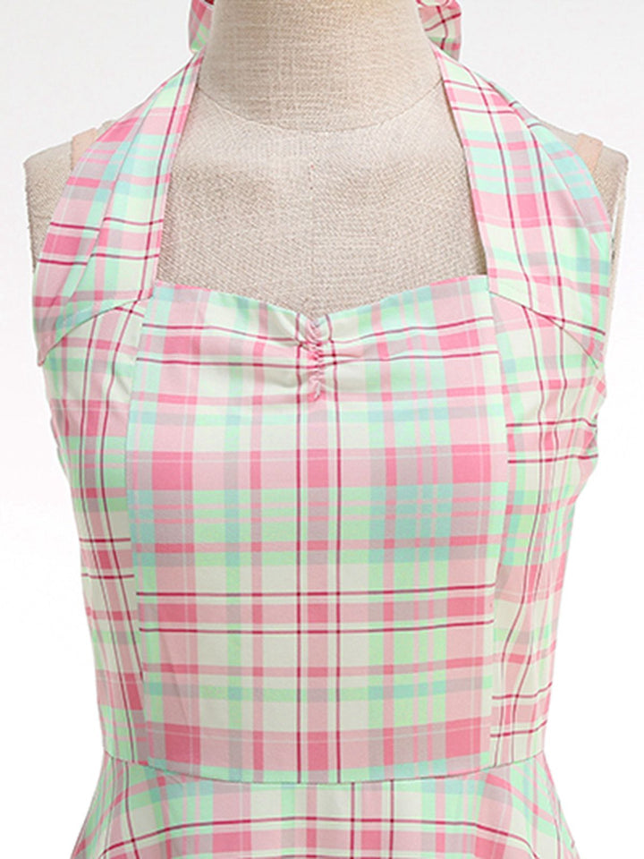 Pale Pink 1950s Plaid Halter Backless Dress - vintage dress, retro fashion, rockabilly