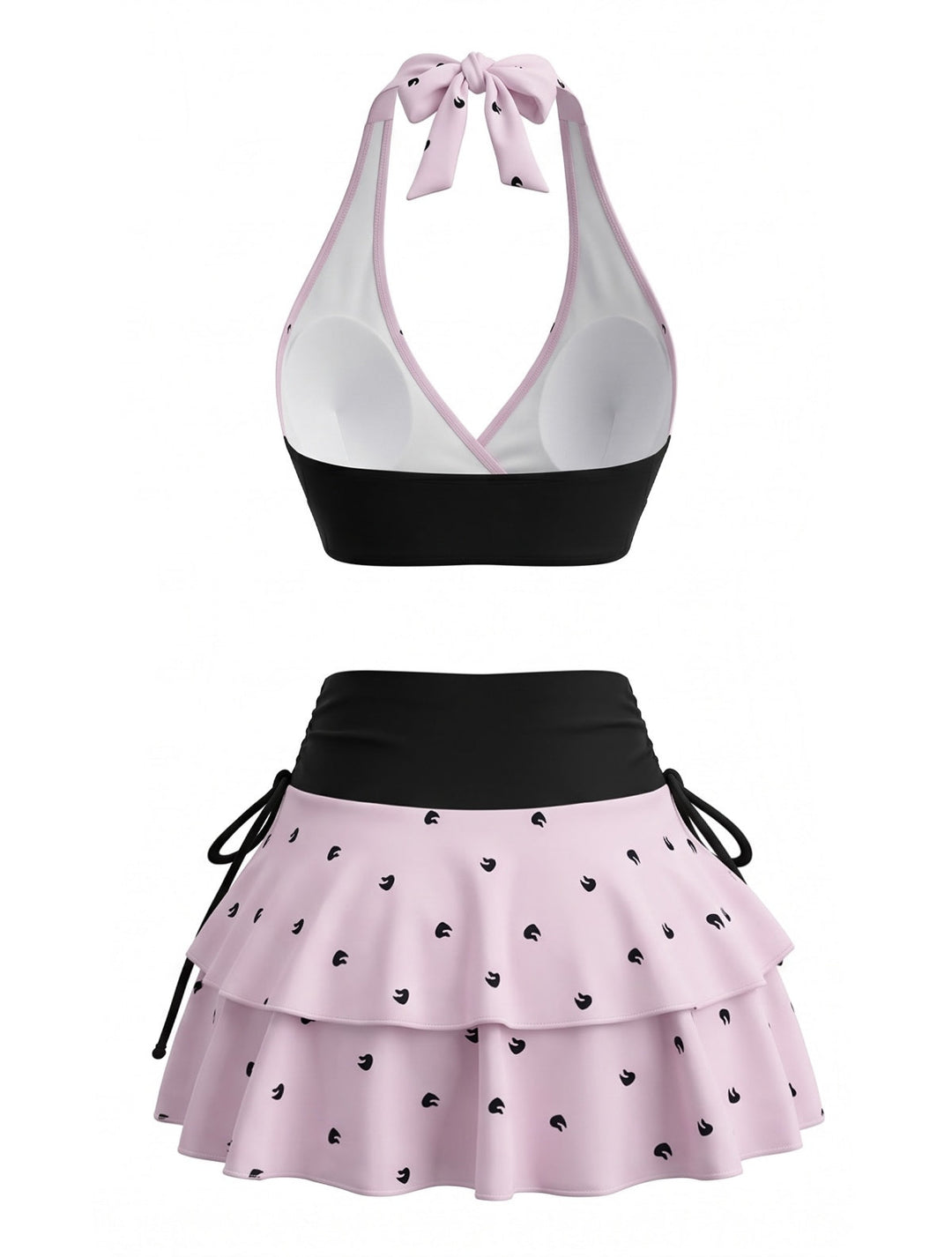 Pale Pink Polka Dot Halter Ruffle Skirt Bikini Set, vintage skirt, retro style - perfect for women who love vintage and retro fashion
