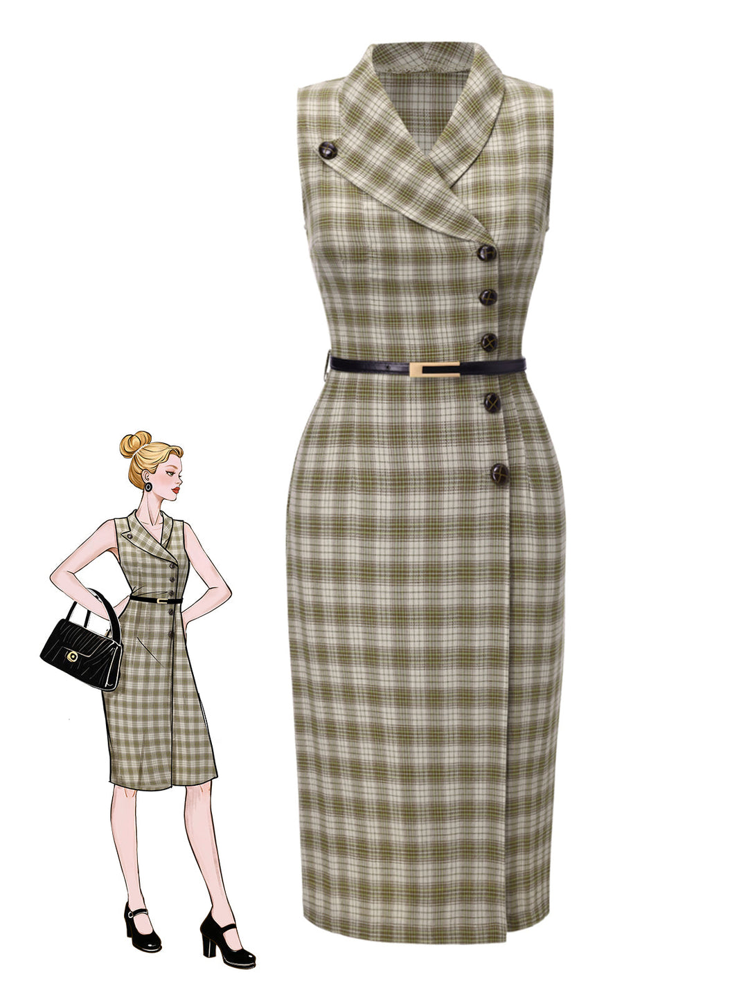 Pea Green 1960s Lapel Buttoned Tartan Dress - vintage dress, retro fashion