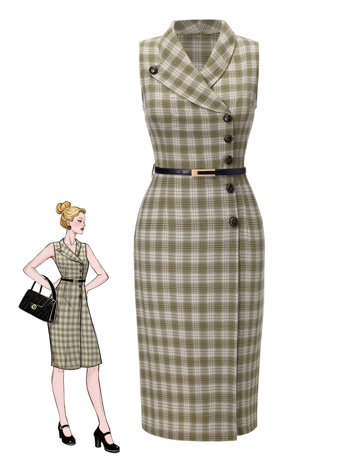 Pea Green 1960s Lapel Buttoned Tartan Dress - vintage dress, retro fashion