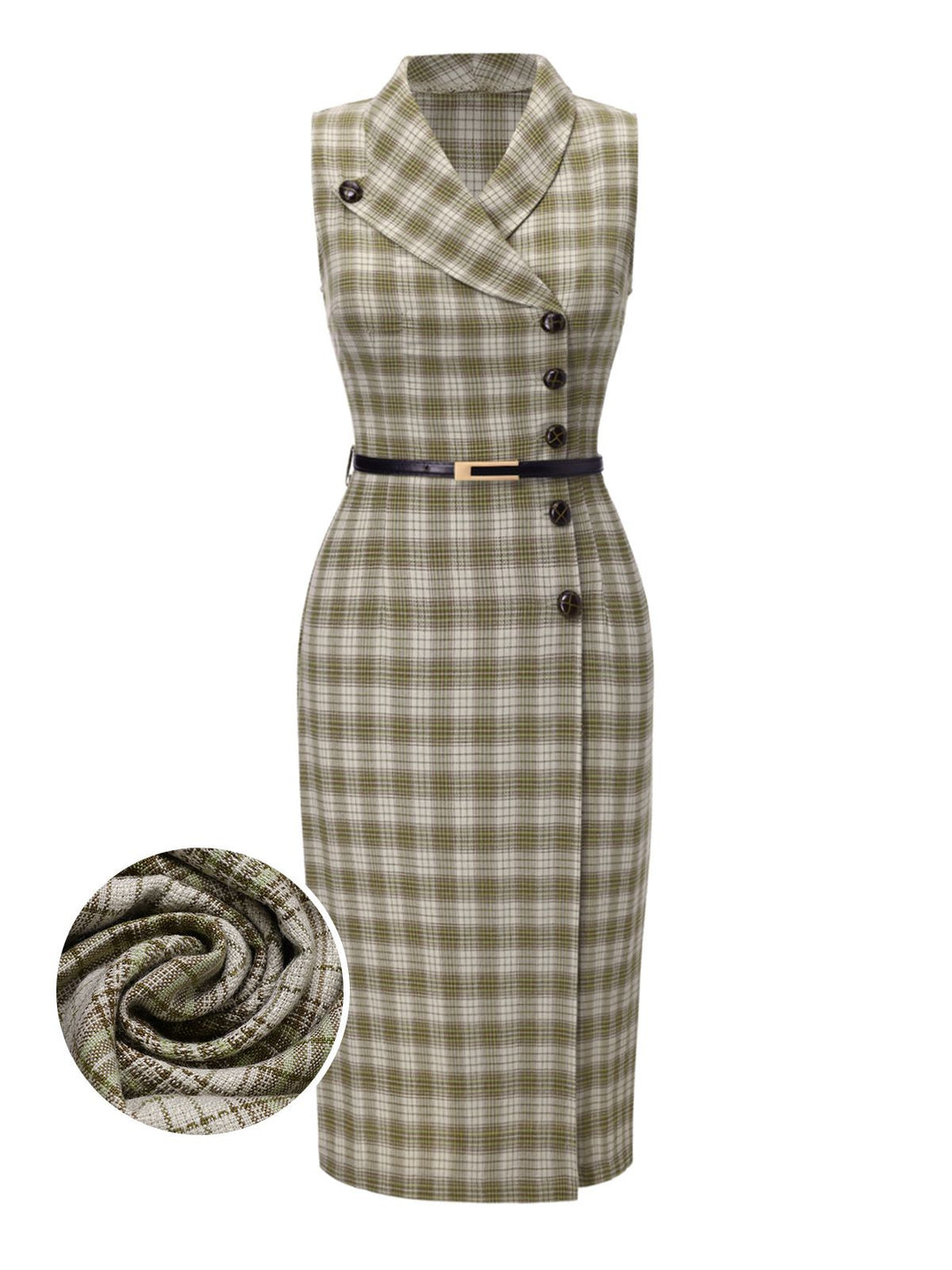 Pea Green 1960s Lapel Buttoned Tartan Dress - vintage dress, retro fashion
