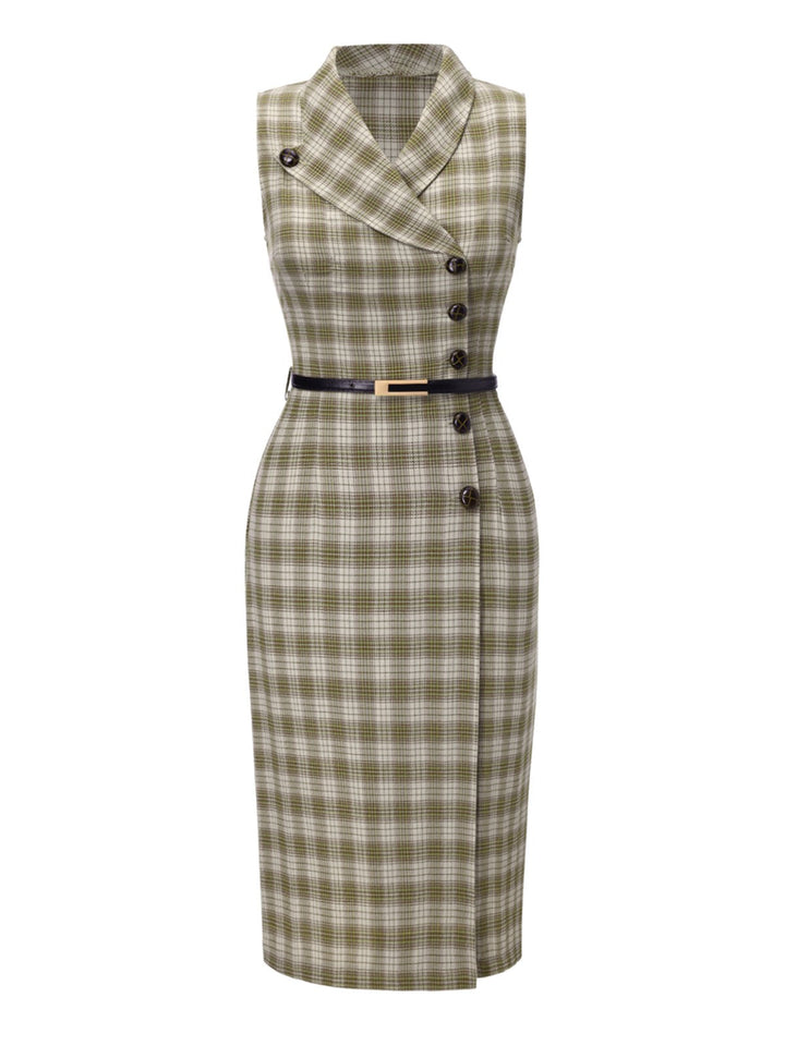 Pea Green 1960s Lapel Buttoned Tartan Dress - vintage dress, retro fashion