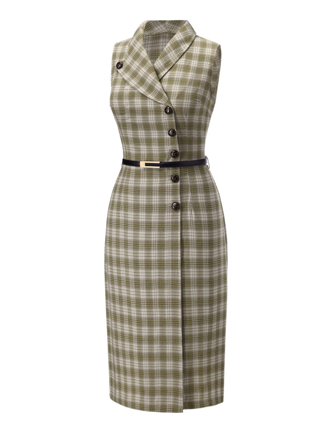 Pea Green 1960s Lapel Buttoned Tartan Dress - vintage dress, retro fashion