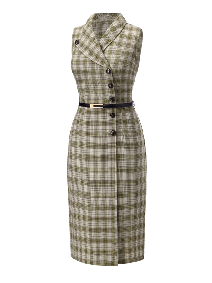 Pea Green 1960s Lapel Buttoned Tartan Dress - vintage dress, retro fashion