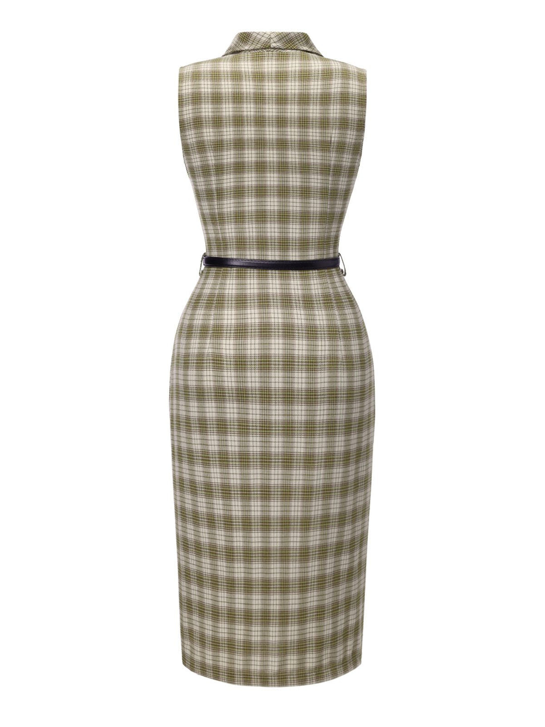 Pea Green 1960s Lapel Buttoned Tartan Dress - vintage dress, retro fashion