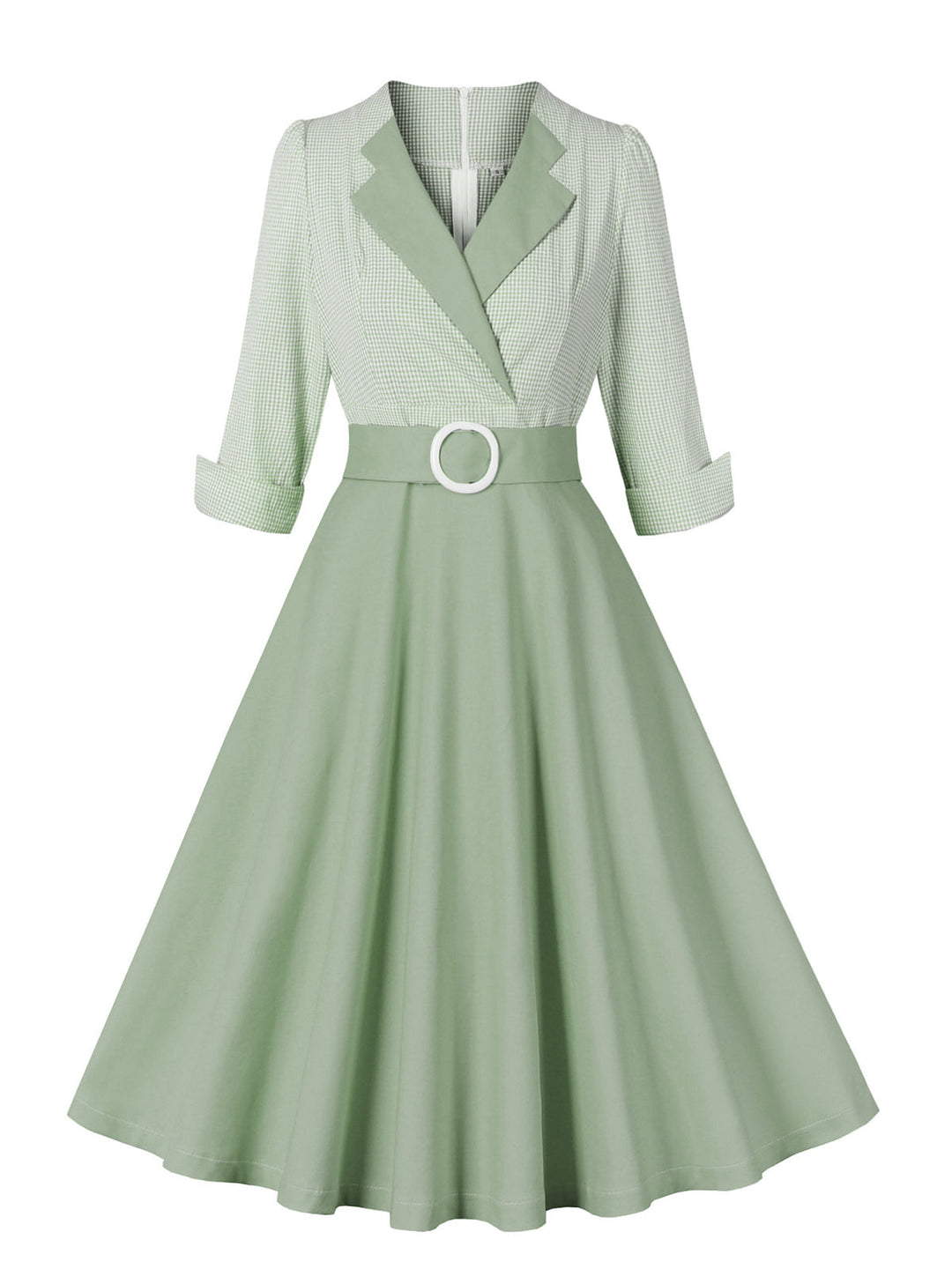 She slips into this Pea Green Grey 1950s Plaid Roll Up Belt Dress and suddenly it&