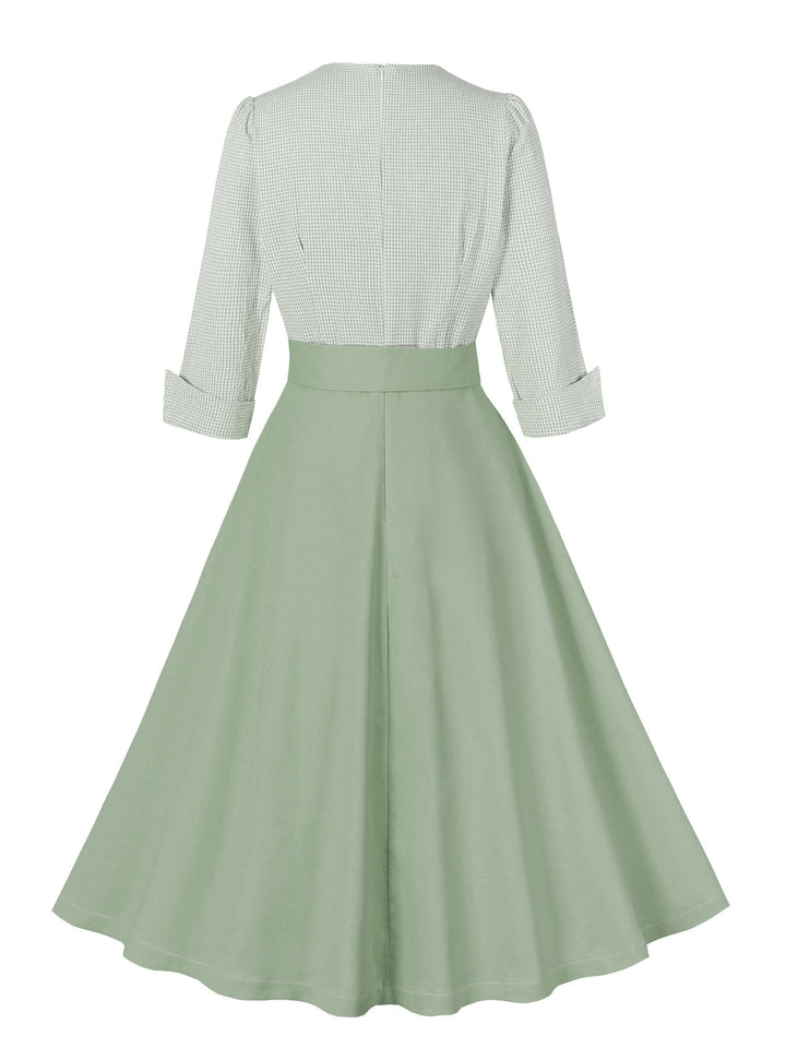 Pea Green Grey 1950s Plaid Roll Up Belt Dress: where 1950s romance meets her modern spirit