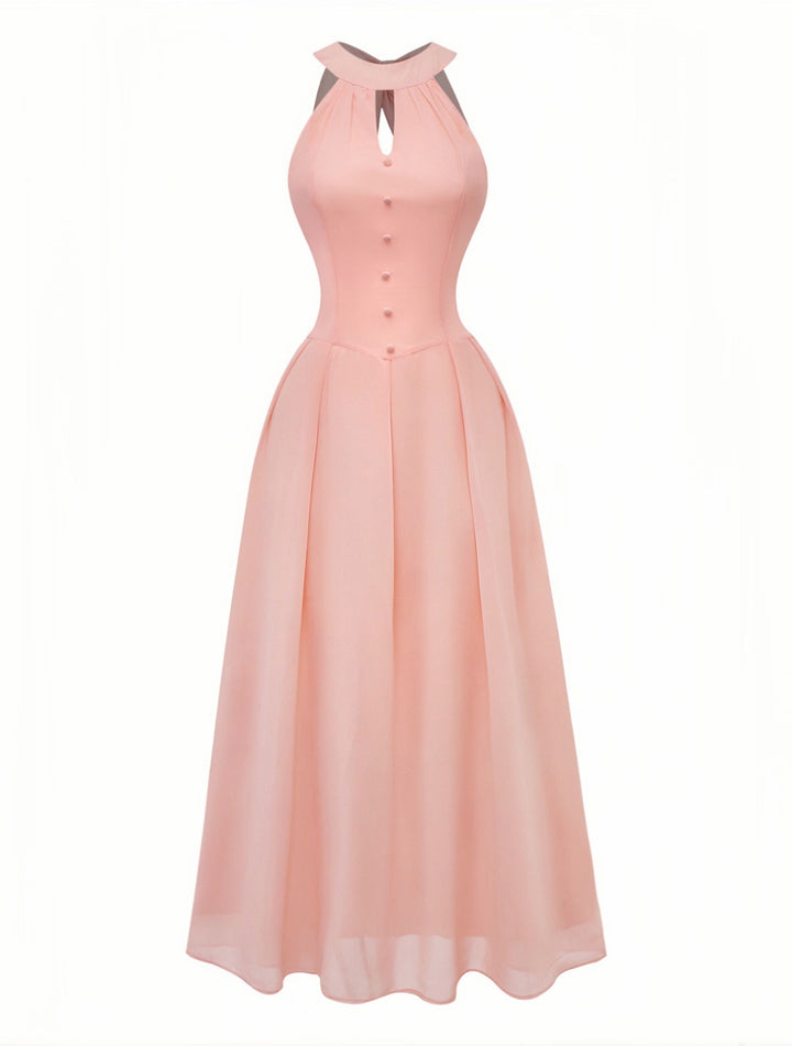 Peach 1940s Halter Cutout Button-Front Maxi Dress: beautiful vintage dress, retro fashion, elegant style with timeless appeal