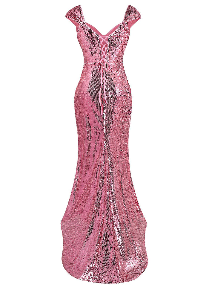 Pink 1920s Sequin Cap-Sleeve High Slit Maxi Dress - vintage dress, retro fashion, Gatsby party