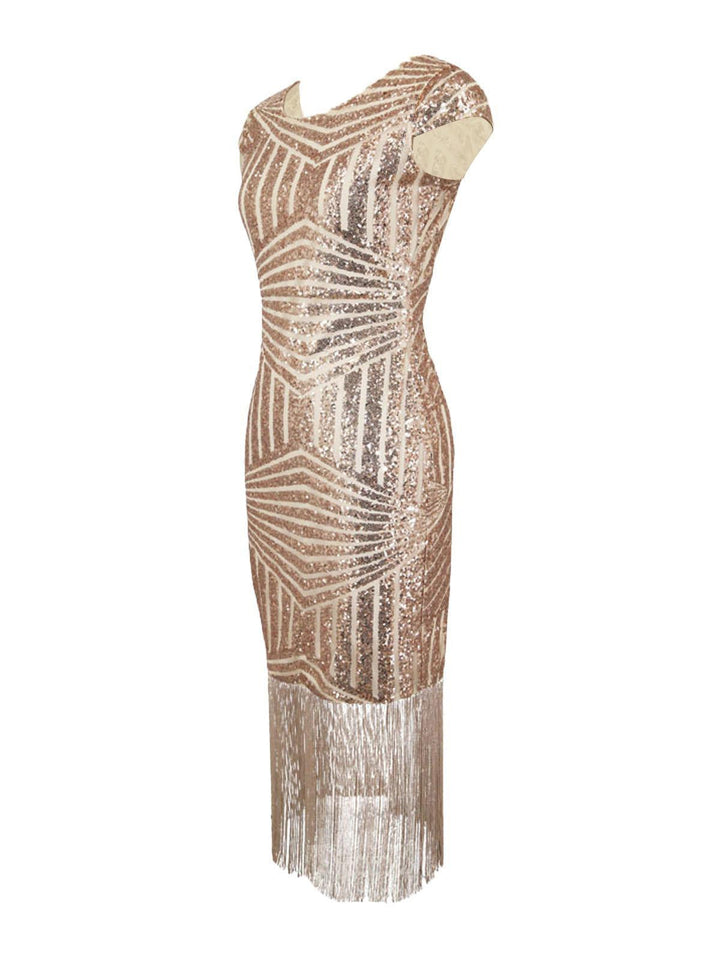 She slips into this Pink 1920s Sequin Fringed Dress and suddenly it&