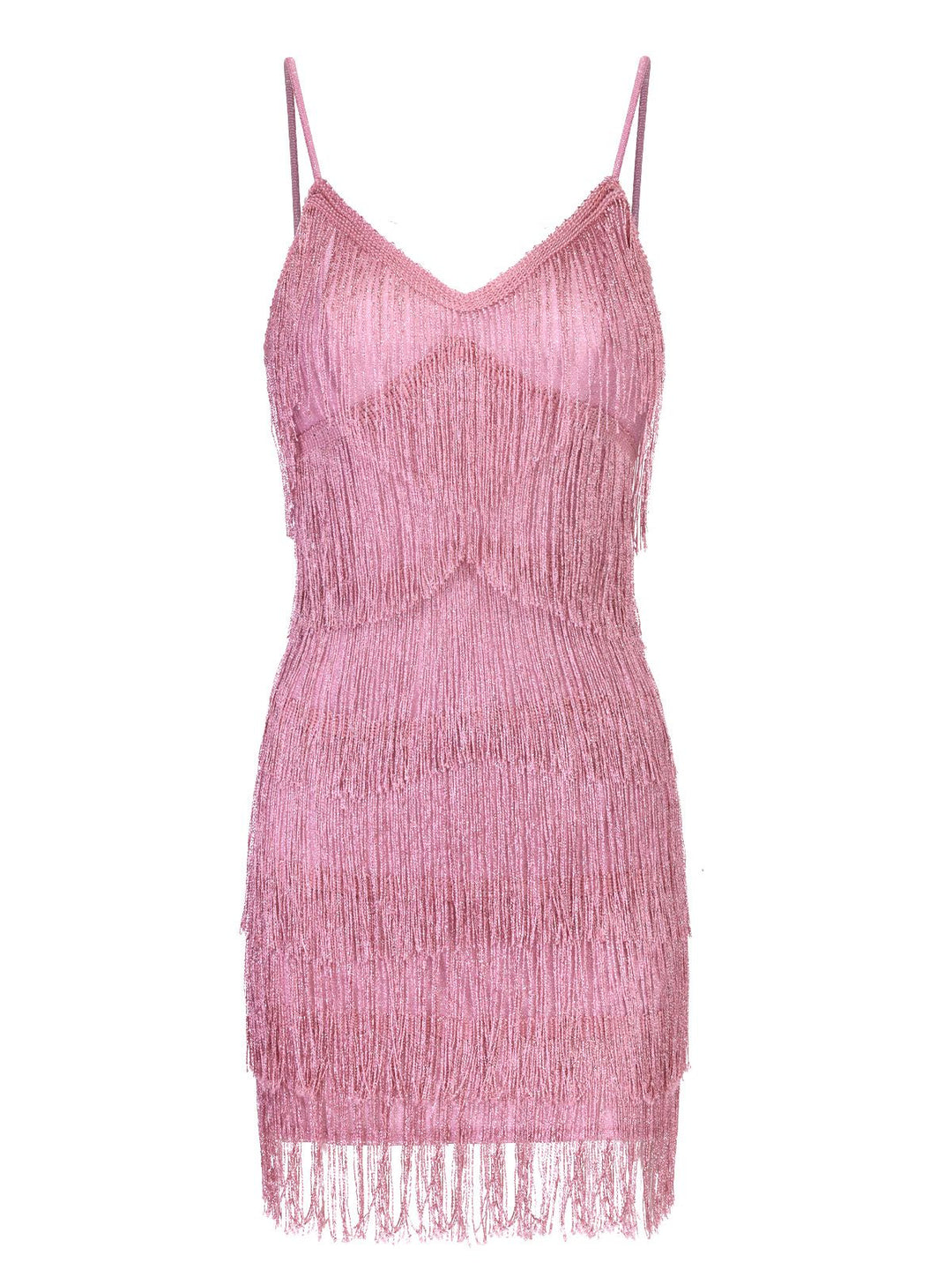 She slips into this Pink 1920s Spaghetti Strap V-Neck Fringe Dress and suddenly it&