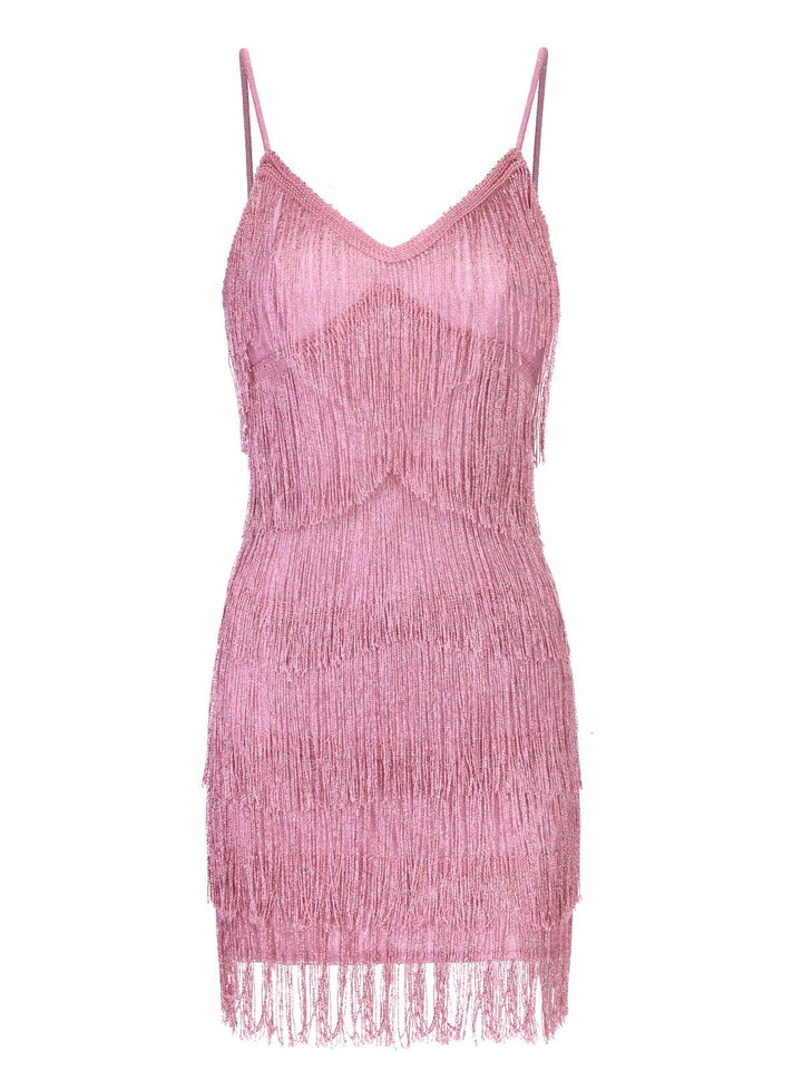 She slips into this Pink 1920s Spaghetti Strap V-Neck Fringe Dress and suddenly it&