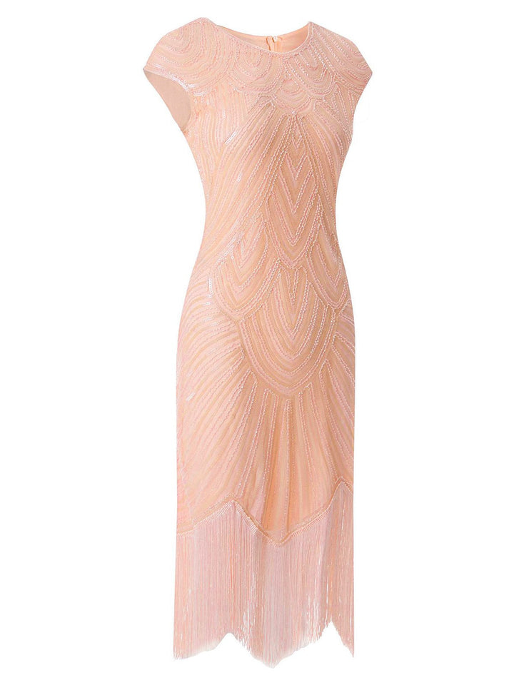 Pink 1920s Tassel Cap Sleeves Sequined Dress, vintage dress, retro fashion, Gatsby party, flapper style - perfect for women who love vintage and retro fashion