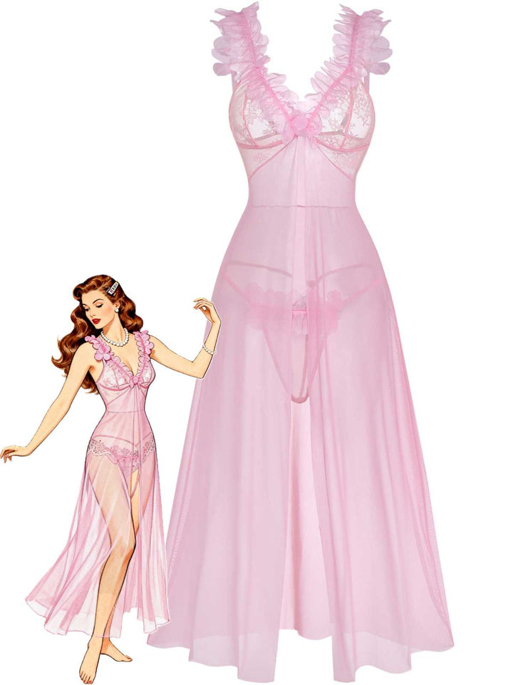 Pink 3D Floral Sheer Mesh Lace Lingerie Set - vintage fashion, retro style