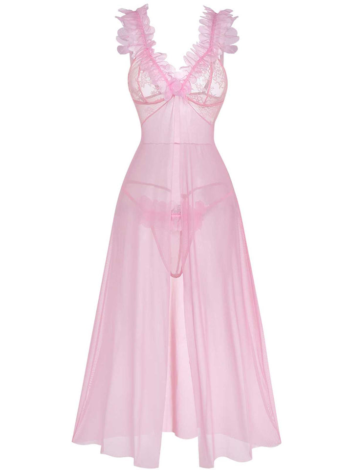 Pink 3D Floral Sheer Mesh Lace Lingerie Set - vintage fashion, retro style