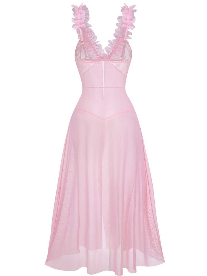 Pink 1930s 3D Floral Sheer Mesh Lace Lingerie Set - vintage fashion, retro style