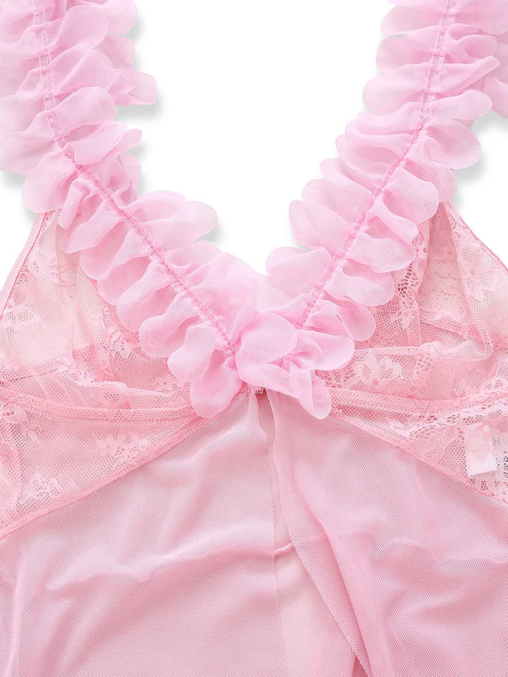 Pink 3D Floral Sheer Mesh Lace Lingerie Set - vintage fashion, retro style