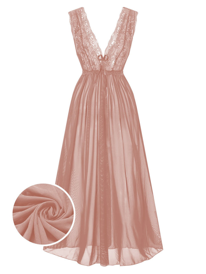 Front view: Deep V-Neck Lace Mesh Nightgown, perfect for retro themed parties, vintage fashion enthusiasts and special occasions