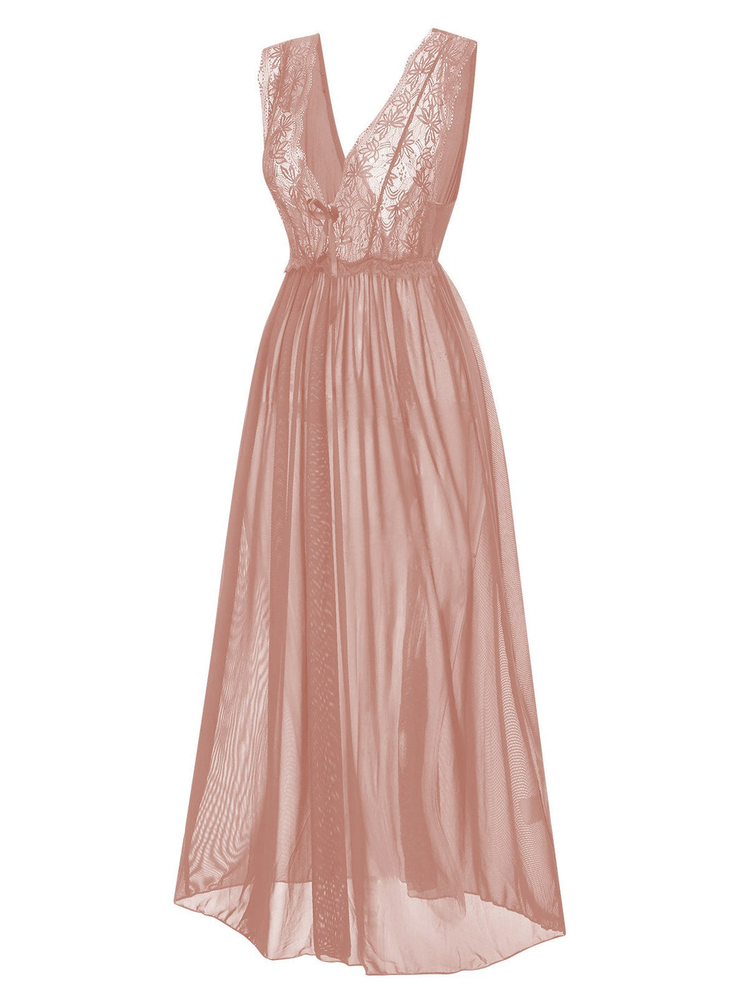 Back view: Deep V-Neck Lace Mesh Nightgown, perfect for retro themed parties, vintage fashion enthusiasts and special occasions