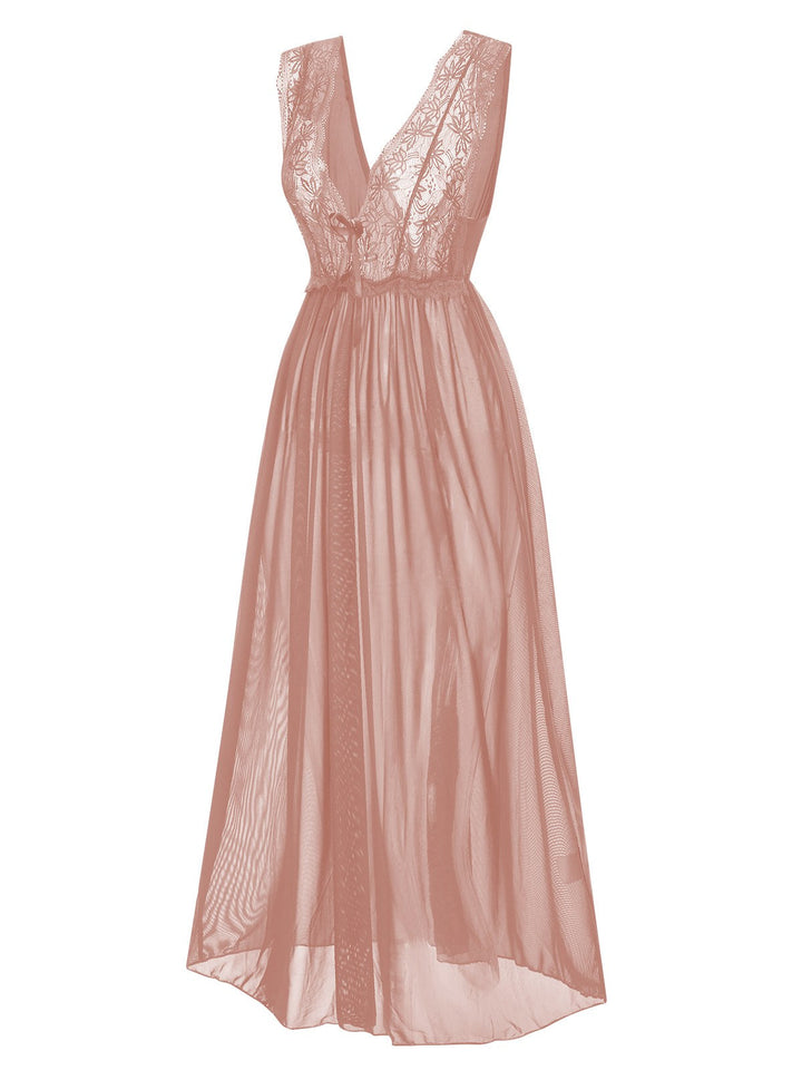 Back view: Deep V-Neck Lace Mesh Nightgown, perfect for retro themed parties, vintage fashion enthusiasts and special occasions