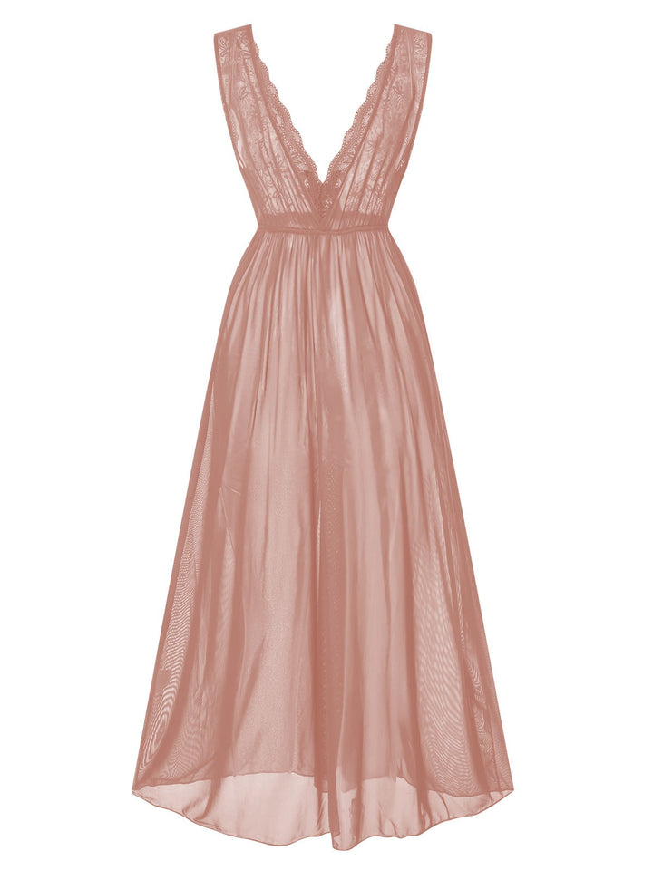 Detail close-up: Deep V-Neck Lace Mesh Nightgown, perfect for retro themed parties, vintage fashion enthusiasts and special occasions