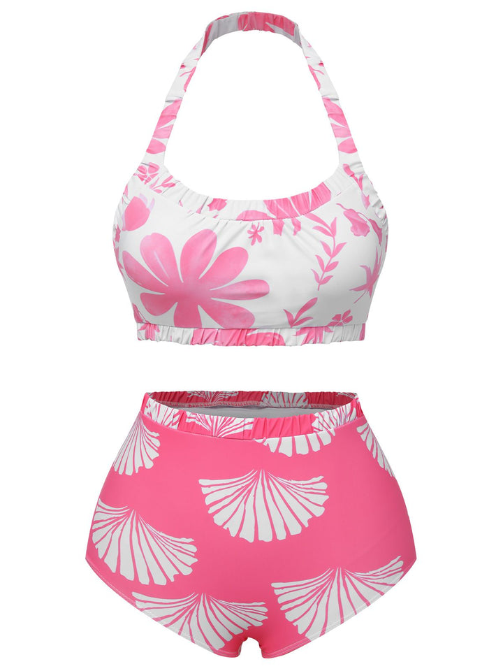 Pink 1930s Floral Elastic Gathers Halter Swimsuit, vintage swimsuit, pin-up swimwear - perfect for women who love vintage and retro fashion