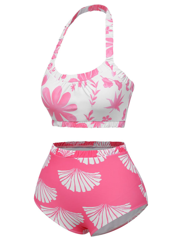 Pink 1930s Floral Elastic Gathers Halter Swimsuit, vintage swimsuit, pin-up swimwear - perfect for women who love vintage and retro fashion