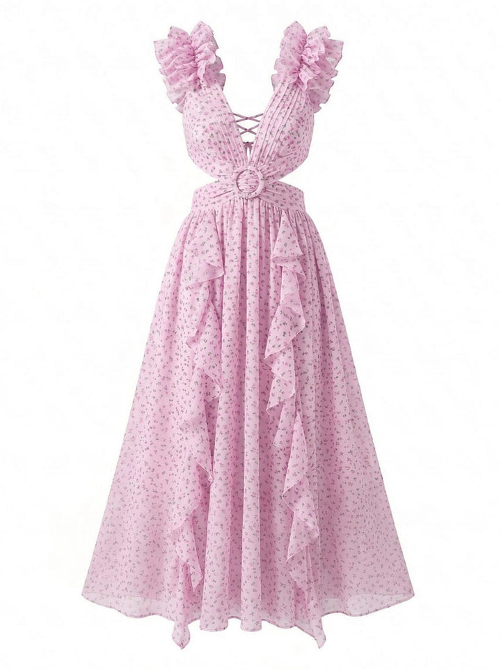 Pink 1930s Floral Ruffled Chiffon V-Neck Cutout Dress: beautiful vintage dress, retro fashion, elegant style with timeless appeal