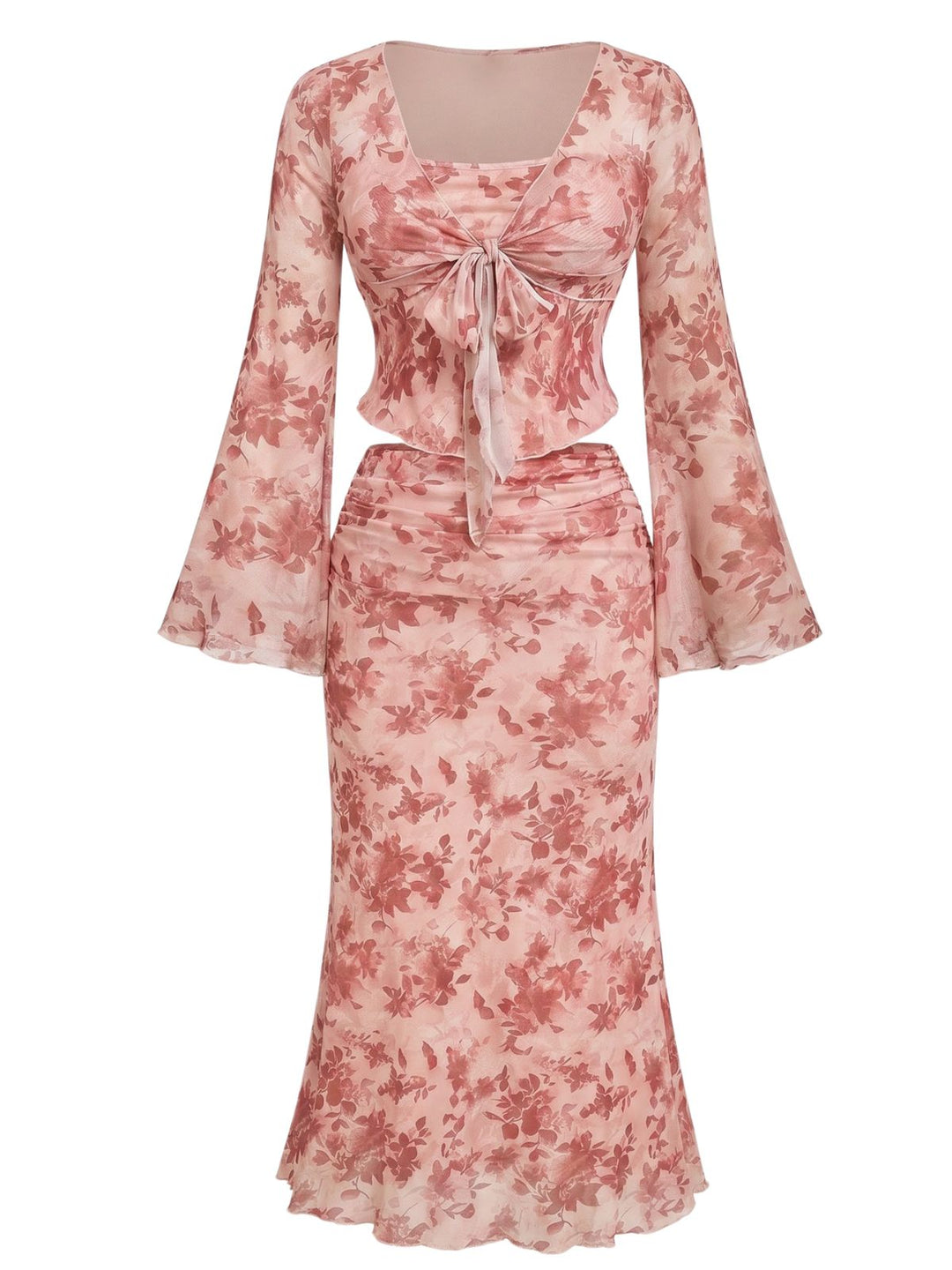 Pink 1930s Floral Square Neck Bell Sleeve 2PCS, vintage fashion, style - perfect for women who love vintage and fashion