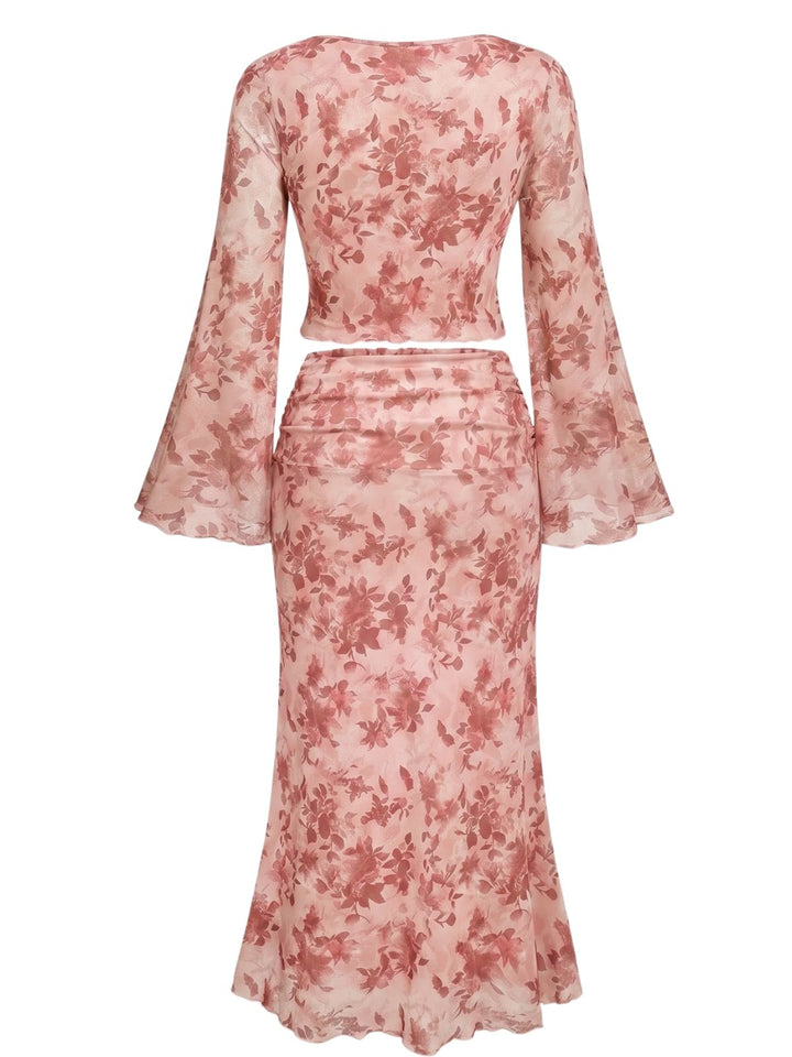 Pink 1930s Floral Square Neck Bell Sleeve 2PCS, vintage fashion, style - perfect for women who love vintage and fashion