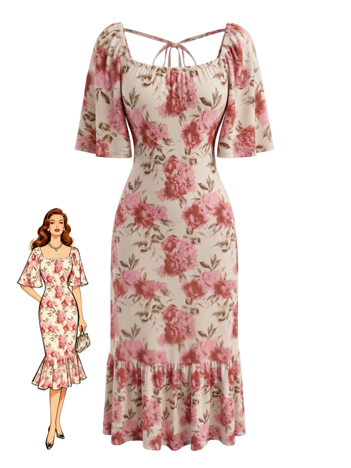 Pink 1930s Floral Square Neck Dress