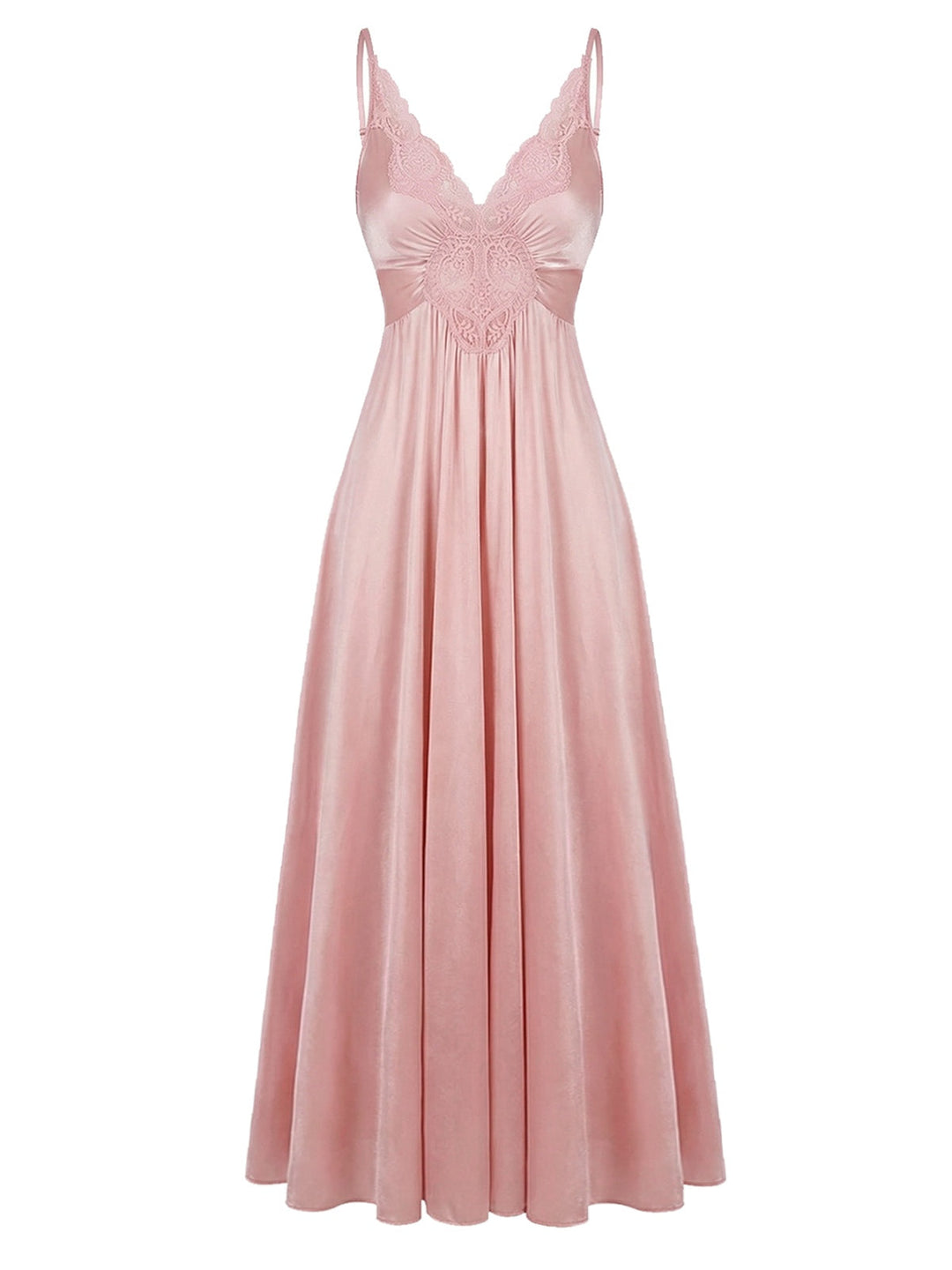 Pink Lace Satin Solid Nightgown - vintage lingerie, retro nightgown, elegant sleepwear for vintage lovers
