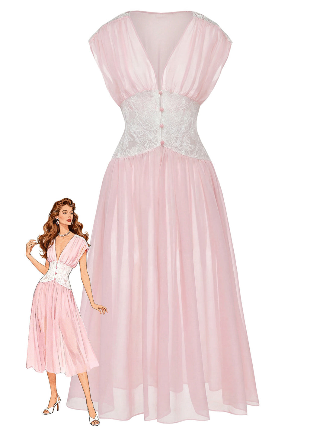 Pink Mesh Pleated Lace Waist Robe - vintage fashion, retro style