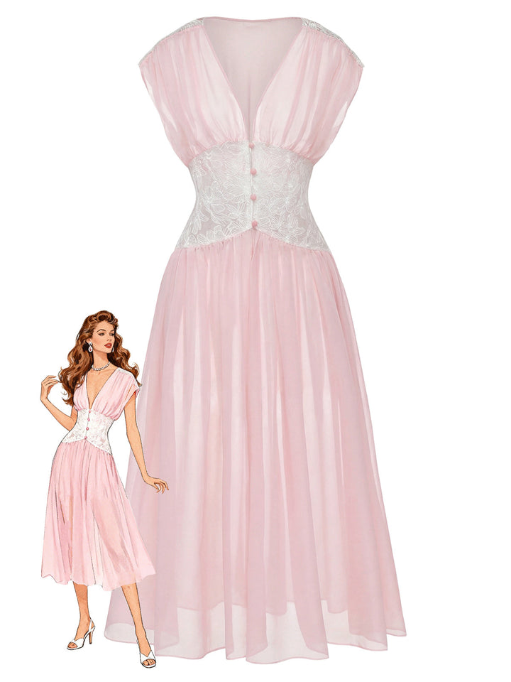 Pink Mesh Pleated Lace Waist Robe - vintage fashion, retro style