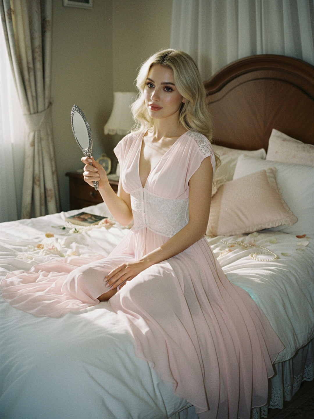 Pink Mesh Pleated Lace Waist Robe - vintage fashion, retro style