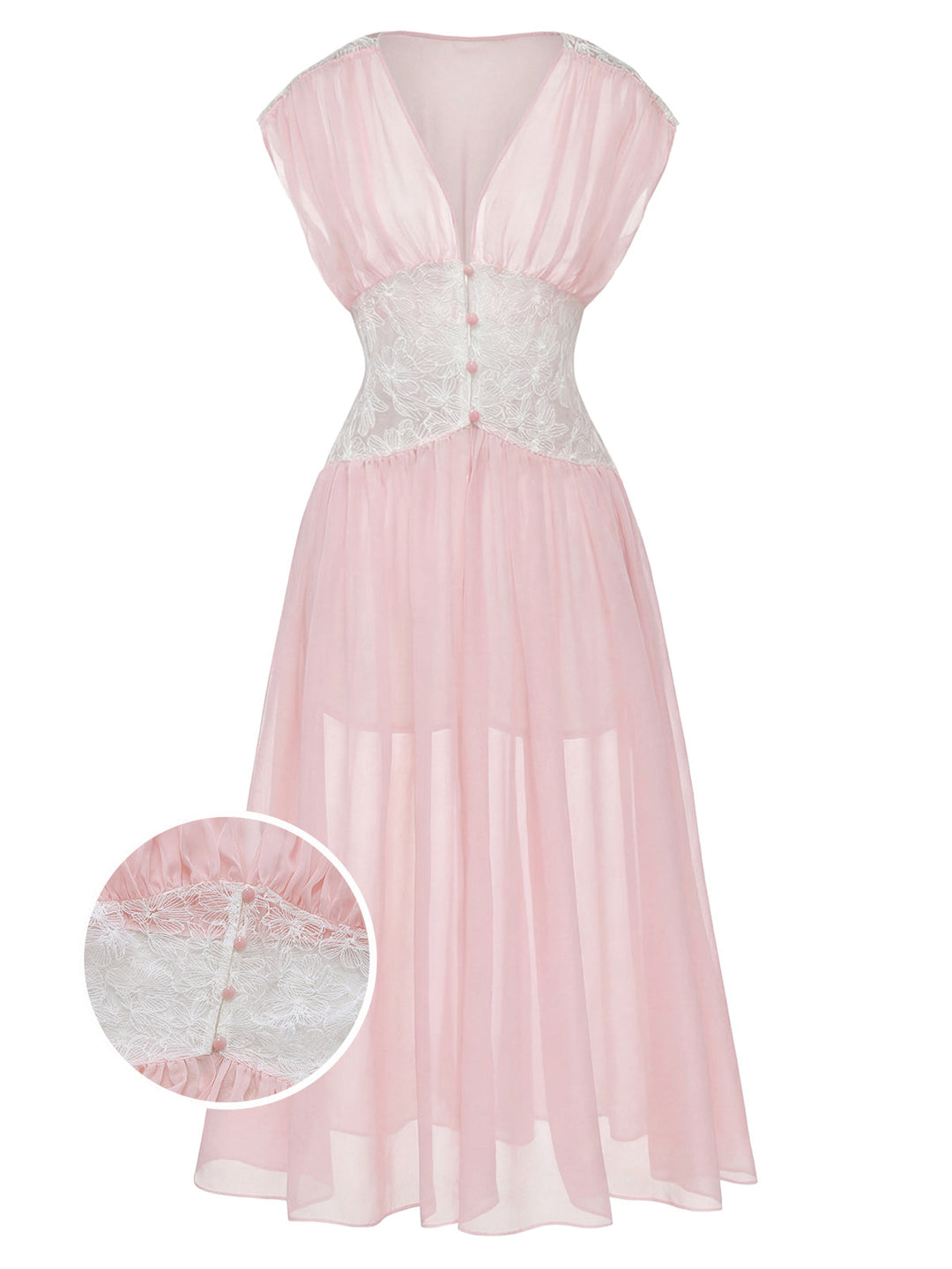 Pink Mesh Pleated Lace Waist Robe - vintage fashion, retro style