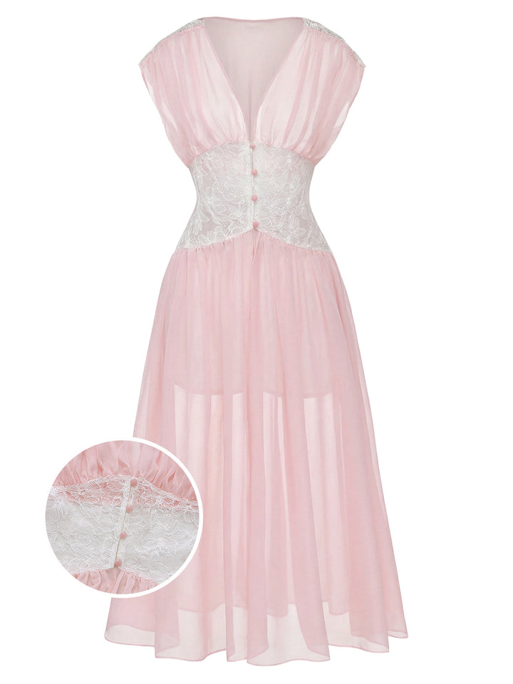 Pink Mesh Pleated Lace Waist Robe - vintage fashion, retro style
